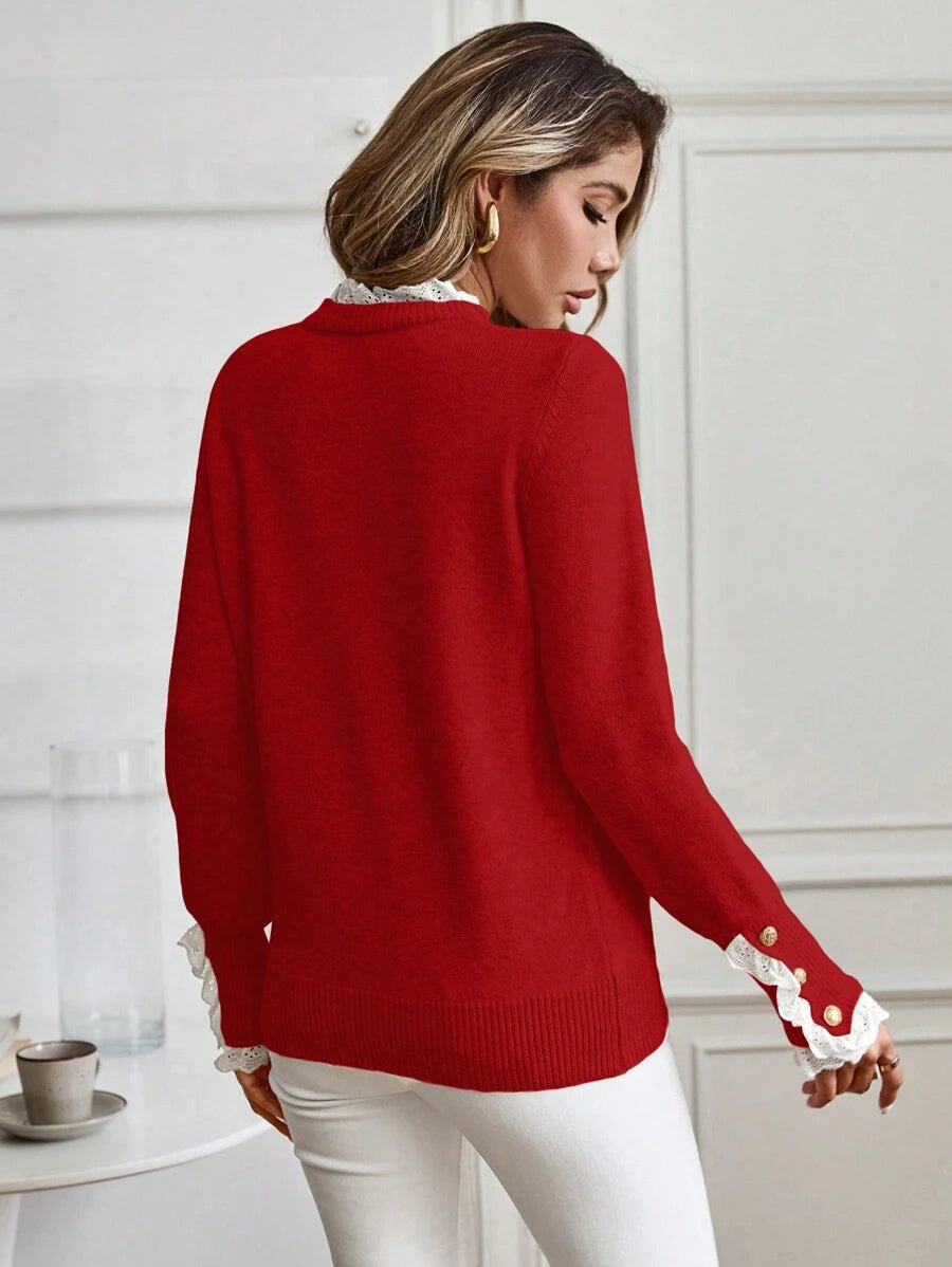 Livia™ | Striktrøje Med Blondekant Og Knapdetaljer