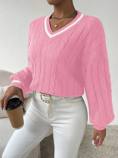 Claire™ | Preppy Kabelstrik Med Dyb V-Hals