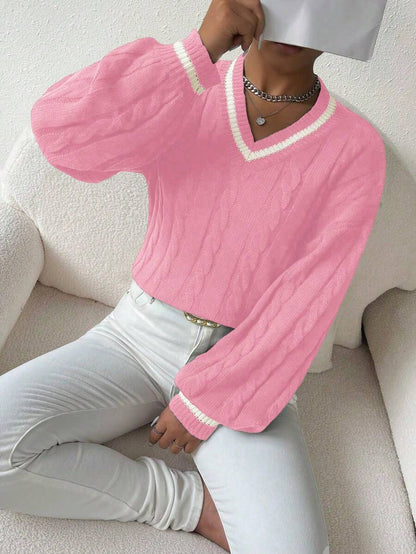 Claire™ | Preppy Kabelstrik Med Dyb V-Hals