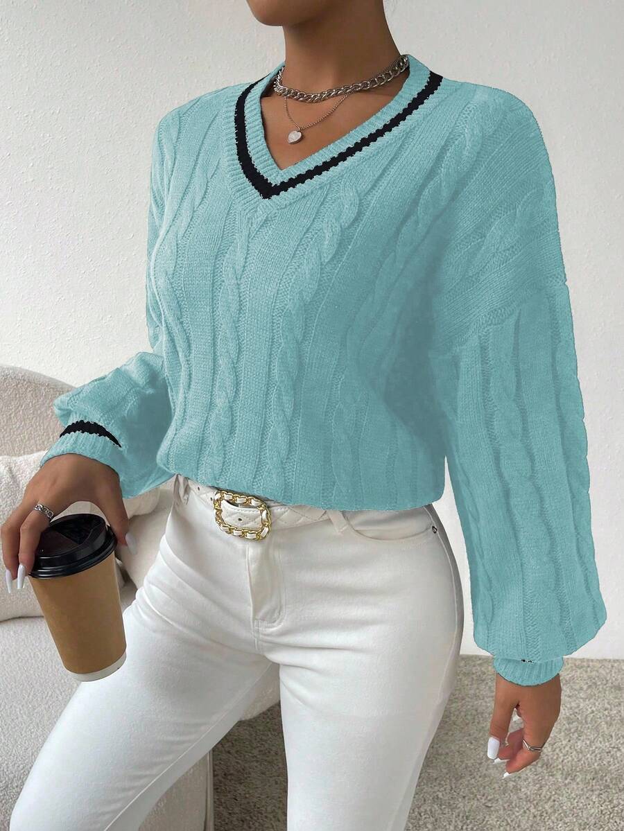 Claire™ | Preppy Kabelstrik Med Dyb V-Hals