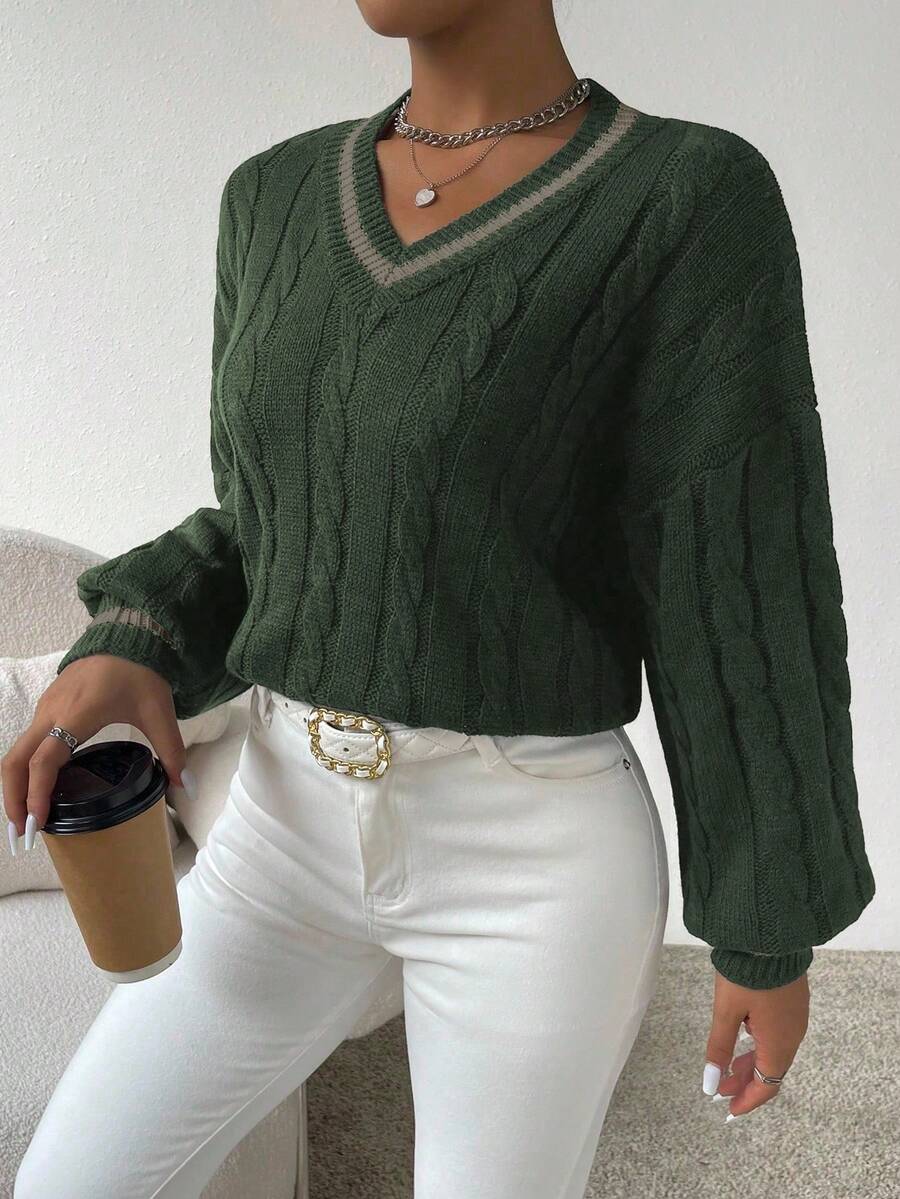 Claire™ | Preppy Kabelstrik Med Dyb V-Hals