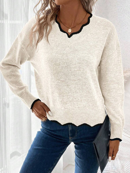 Sofie™ | Striktrøje Med Bølget V-Udskæring