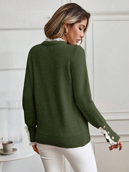 Livia™ | Striktrøje Med Blondekant Og Knapdetaljer