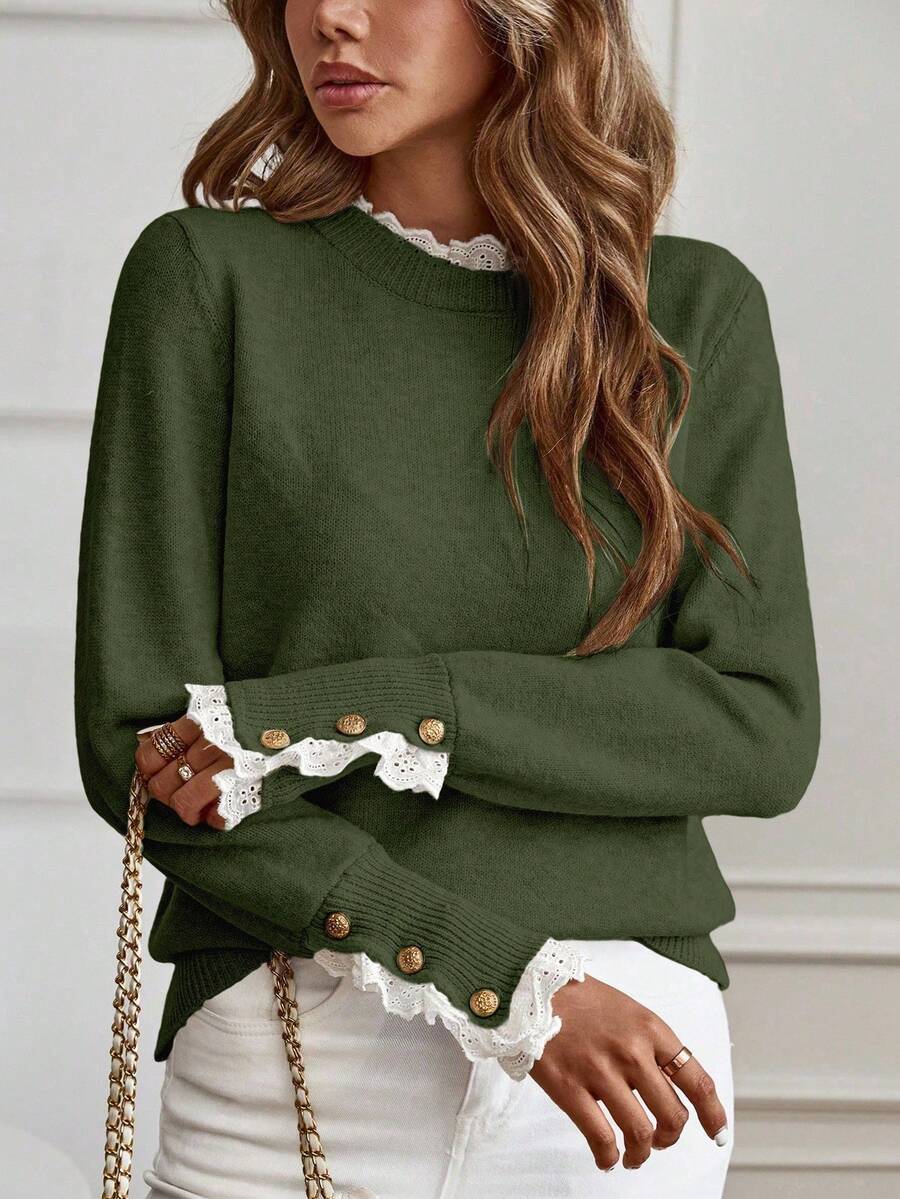 Livia™ | Striktrøje Med Blondekant Og Knapdetaljer