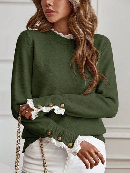 Livia™ | Striktrøje Med Blondekant Og Knapdetaljer