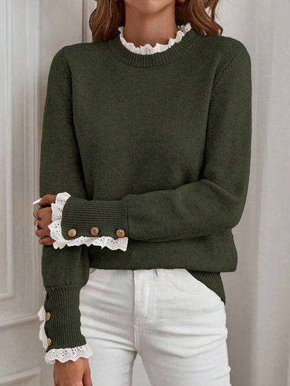 Livia™ | Striktrøje Med Blondekant Og Knapdetaljer