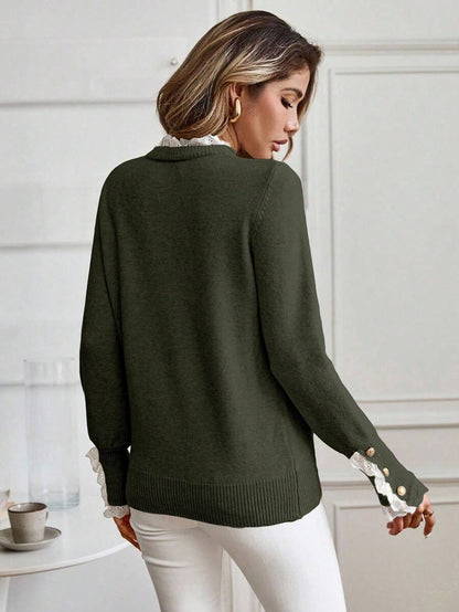 Livia™ | Striktrøje Med Blondekant Og Knapdetaljer