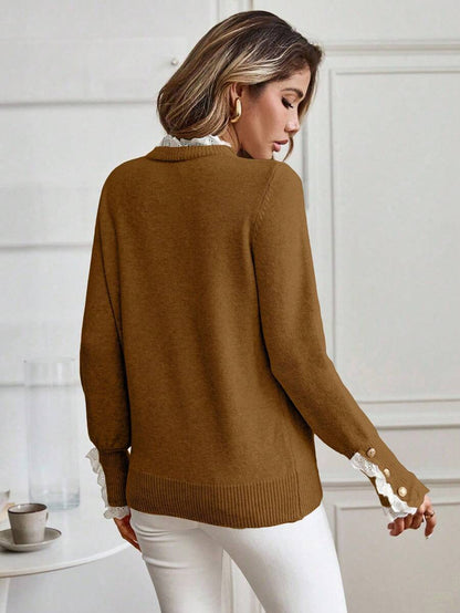 Livia™ | Striktrøje Med Blondekant Og Knapdetaljer