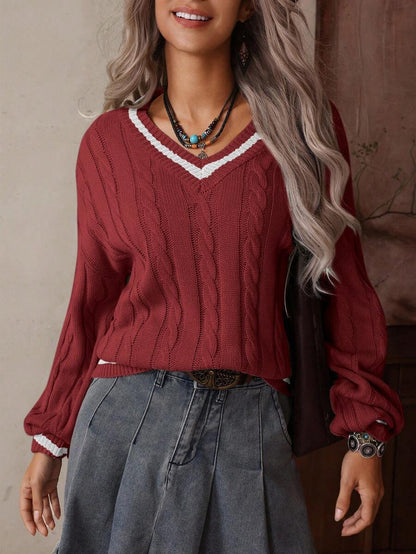 Claire™ | Preppy Kabelstrik Med Dyb V-Hals