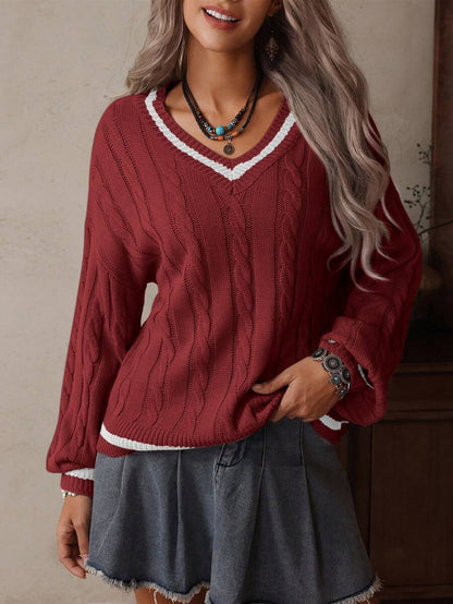 Claire™ | Preppy Kabelstrik Med Dyb V-Hals