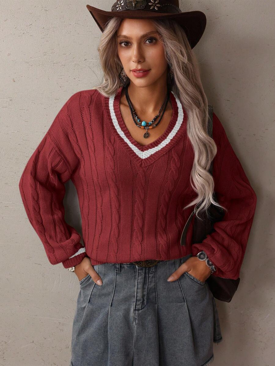 Claire™ | Preppy Kabelstrik Med Dyb V-Hals