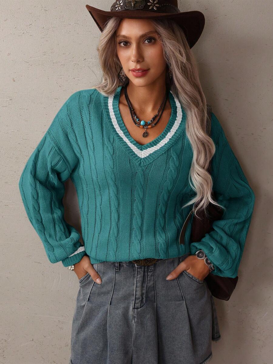 Claire™ | Preppy Kabelstrik Med Dyb V-Hals