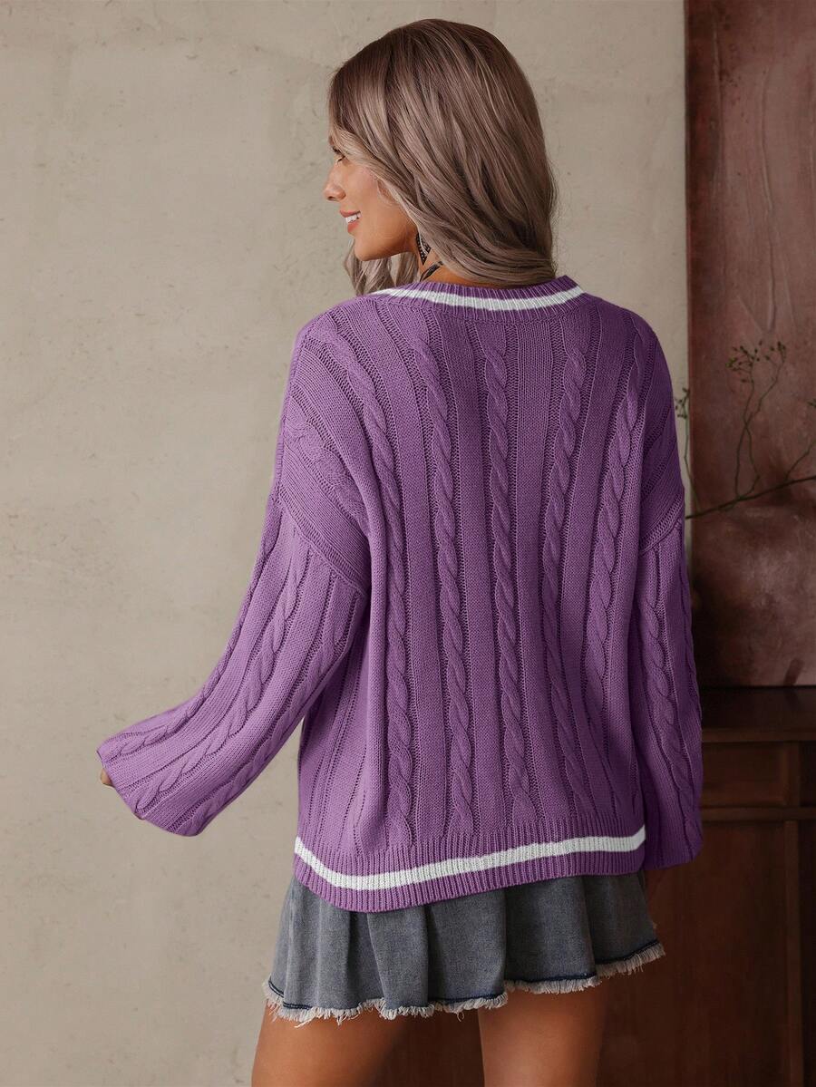 Claire™ | Preppy Kabelstrik Med Dyb V-Hals