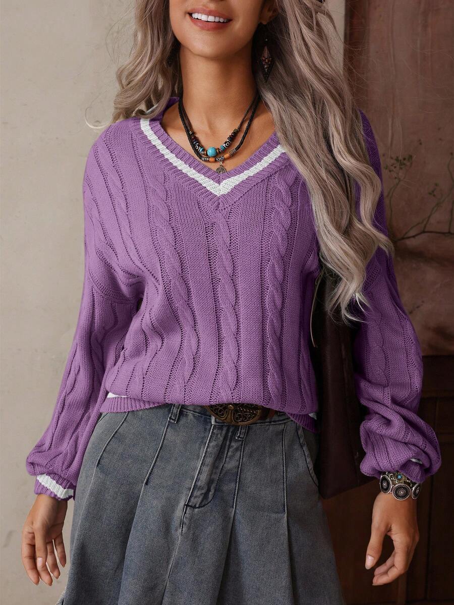 Claire™ | Preppy Kabelstrik Med Dyb V-Hals