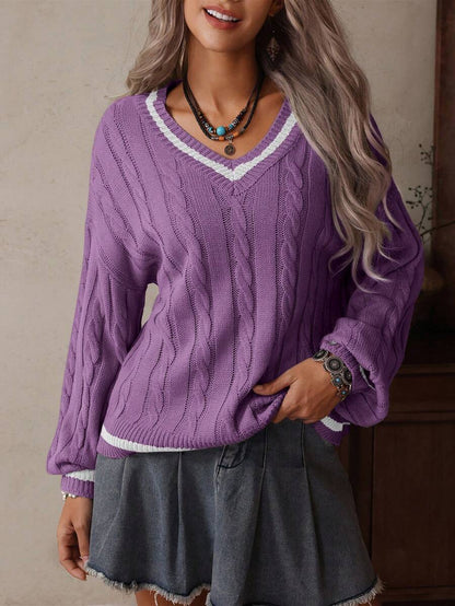 Claire™ | Preppy Kabelstrik Med Dyb V-Hals